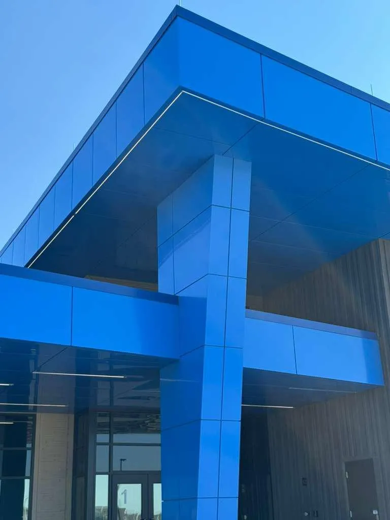 Iron Bluff Elementary — Blue ACM at both entrances — columns, fascias, soffits and transitions — plus Morin wall panel at the rooftop walls. (7/8)